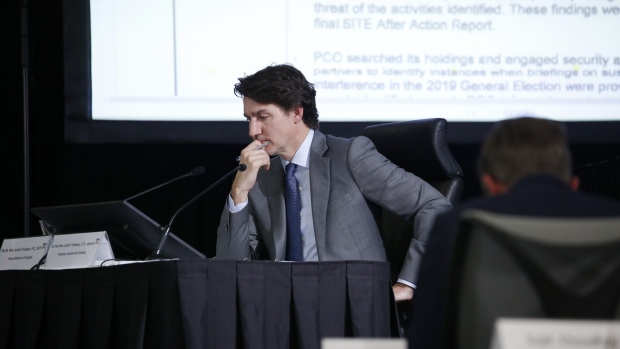 Justin Trudeau, Canada's prime minister, testifies before a foreign interference inquiry in Ottawa, Ontario, Canada, on Wednesday, April 10, 2024. Trudeau was pressured to call the public hearing after a series of leaks last year to Canadian news outlets of intelligence reports on Chinese interference, the New York Times reports.